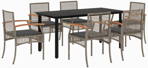 vidaXL 7-tlg. Garten-Essgruppe mit Kissen Grau Poly Rattan 3213621
