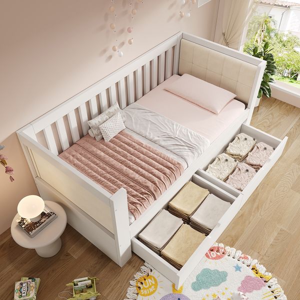 Merax Einzelbett, Kinderbett 90x190 cm Schlafsofa mit 2 Schubladen, Tagesbett mit abgerundeten Armlehnen, Einfache Montage, Weiß