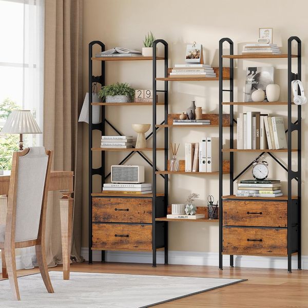 Bücherregal, Regal mit 12 Ablagen und 4 Stoffschublade, Standregal mit Metallrahmen, 158 x 24 x 166 cm, für Wohnzimmer, Home Office und Arbeitszimmer, Rustikalbraun und Schwarz