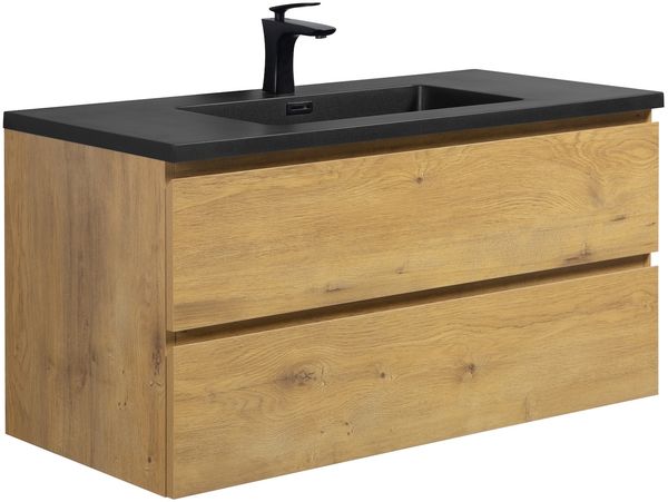 Badplaats Badmöbel Set mit Waschbecken und Unterschrank Angela 100 x 48 cm Eiche - Waschbeckenunterschrank mit Soft-Close und Schwarze Waschbecken, Vorgemontiert
