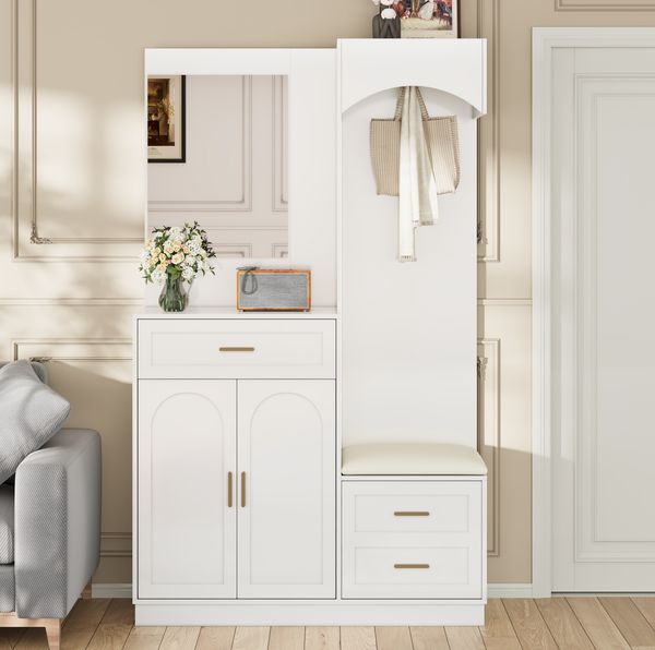 Flurschrank 110x33x185,5 cm mit Spiegel und Schuhbank
