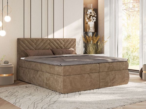 Boxspringbett AVERTA 160 x 200 cm mit Bettkasten und Topper, Doppelbett mit Bonnell-Federkernmatratze, gepolstertem Kopfteil, Stauraum, modernes Schlafzimmer Bett - Braun Schenille glatt - H4
