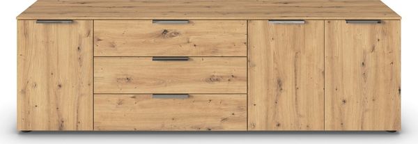 Rauch Möbel Flipp, Sideboard, TV-Schrank, Kommode mit Stauraum, Eiche Artisan, 3-türig, 3 Schubkästen, Griffe chrom, 199 x 61 x 42 cm