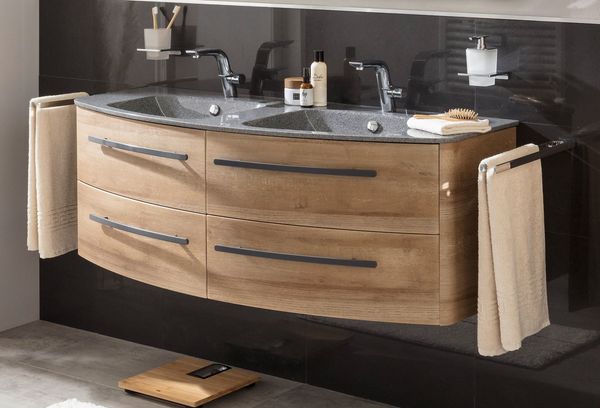 LANZET CLASSICO Waschbecken mit Unterschrank 140 cm breit, Braun hell, Doppelwaschbecken Gussmarmor Grau