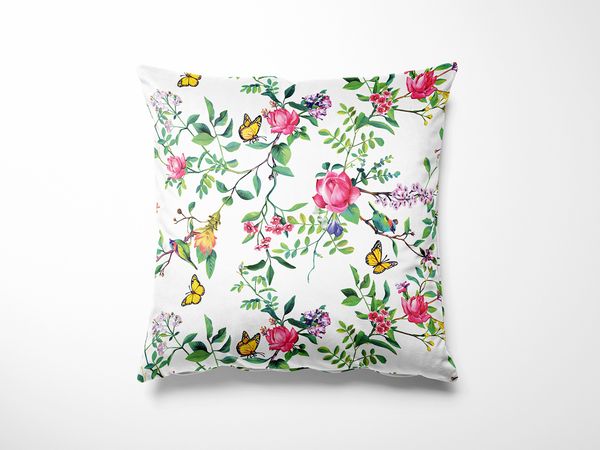 Mako Satin Blumen Kissenbezug Vögel + Schmetterlinge weiß 40x80