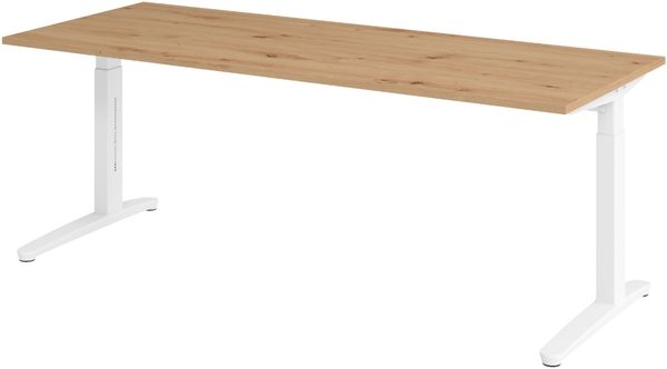 bümö manuell höhenverstellbarer Schreibtisch 200x80 in Asteiche, Gestell in weiß - PC Tisch höhenverstellbar & groß, höhenverstellbarer Tisch Büro, großer Computertisch verstellbar, X20-R-WW
