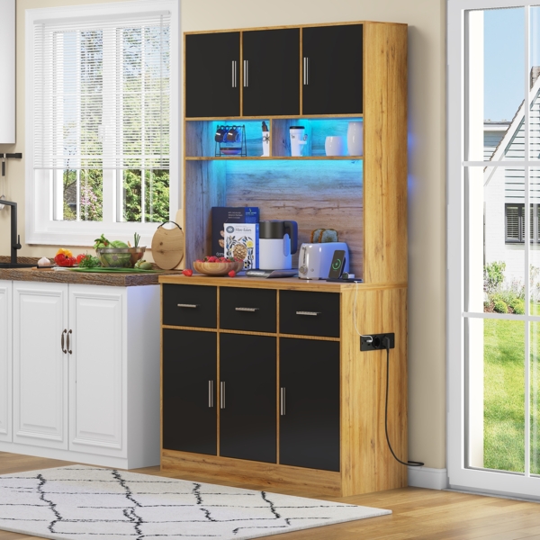 Schrank 100x40x180 cm mit APP-gesteuerter LED-Beleuchtung, Steckdosen und 3 Schubladen in Natur/Schwarz