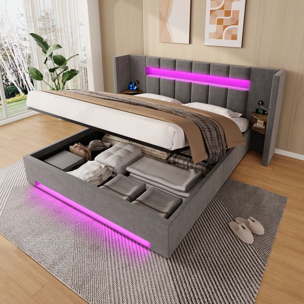 LVHOM Polsterbett 180x200 mit Seitenschränke, Bettgestell mit USB & LED und Stauraum sowie Hydraulik, Doppelbett aus Samt, Funktionbett, Grau