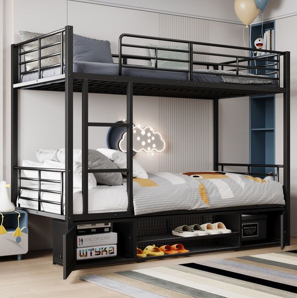 Etagenbett aus Metall mit Schuhablage, Leiter und Umrandung, 90x200 cm, Schwarz, ohne Matratze