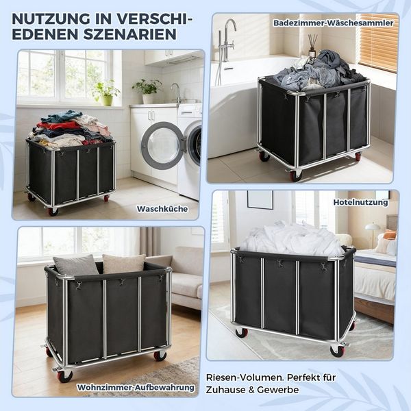 QUBEBU Wäschekorb Groß Edelstahl Wäschewagen mit Rollen für Wäschekammer, 400L Bis 200kg (Kommerziell Wäschewagen mit abnehmbaren Stofftaschen 10 Metallhaken, 1 St, für Waschküche, Schlafzimmer, Badezimmer, Hotel, Krankenhaus)