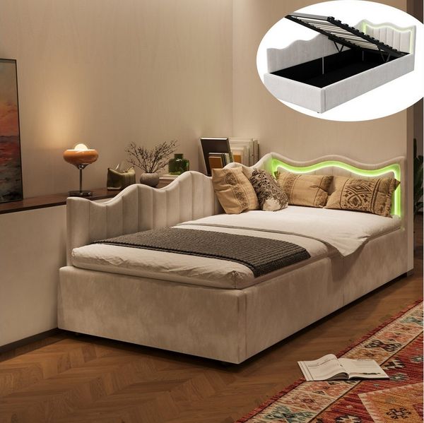 PXloue Polsterbett Daybett Tagesbett (Geeignet für Jungen und Mädchen), Stauraumbett mit LED-Beleuchtung, Teddysamt, 90x200 cm