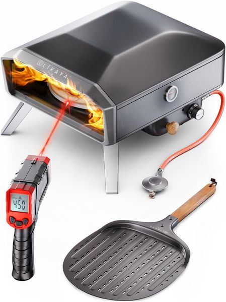LIKAYA NeroSpin Pizzaofen 12” Black Edition – 6,2kW Gas Pizza Ofen für außen mit drehbarem Pizzastein, Pizzaschaufel & Thermometer Pistole