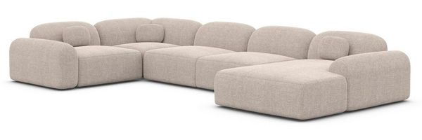 Sofa Dreams Wohnlandschaft Barcelona U Form Stoffsofa 6-Sitzer, Lounge Couch Strukturstoff Beige Ottomane rechts