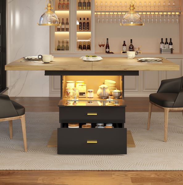 Ausziehbarer Esstisch mit LED-Beleuchtung 110/140x80x75 cm, Holzoptik, schwarzer Schrank & 2 Schubladen