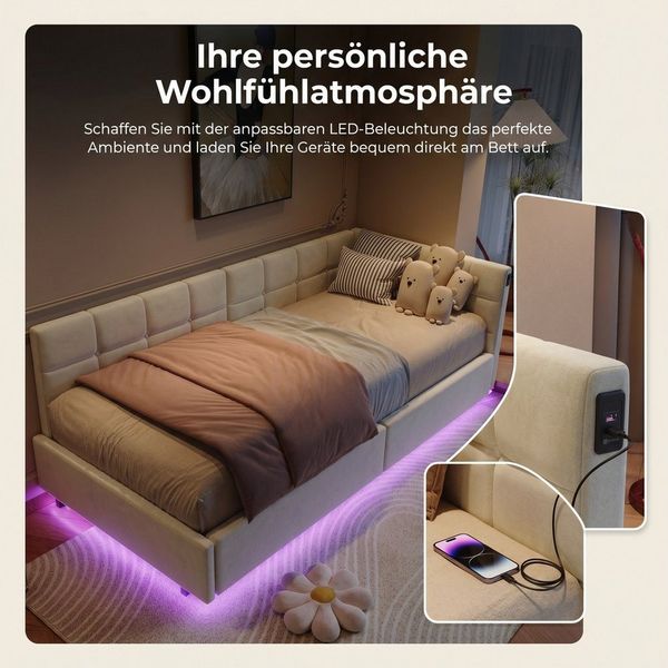 PXloue Polsterbett Schlafsofa Daybett (hydraulischem Stauraum), LED-Beleuchtung Einzelbett 90x200cm mit Ladefunktion