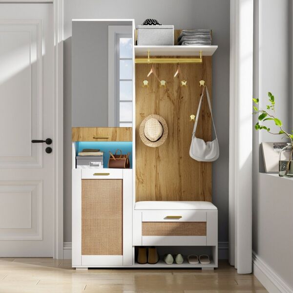 Furnishings Home Garderoben-Set Kleiderschrank-Set mit Spiegel 5 goldenen Kleiderhaken16-farbiger LED, (1-St), Holzoptik mit weißen Akzenten und goldenen Details 110 x 38 x 190 cm