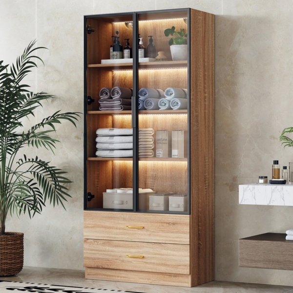 HAUSS SPOLE Vitrine 170×75cm Highboard Küchenschrank Beistellschrank Kommode mit Glastür (Hochschrank, Lagerschrank, Highboard, Lagerschränke, 1-St, mit 2 großen Schubladen und 2 Türen) mit Lichtleiste, Glastür