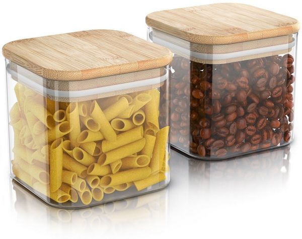 Arendo Aufbewahrungsbecher Glasbehälter-Set 2x 0,8 L, Borosilikatglas mit Bambusdeckel, luftdicht, Borosilikatglas, Bambus, Silikon, (Vorratsbehälter-Set, 2-tlg, 2er Set), Hitzebeständig, umweltfreundlich, langlebig, mikrowellengeeignet