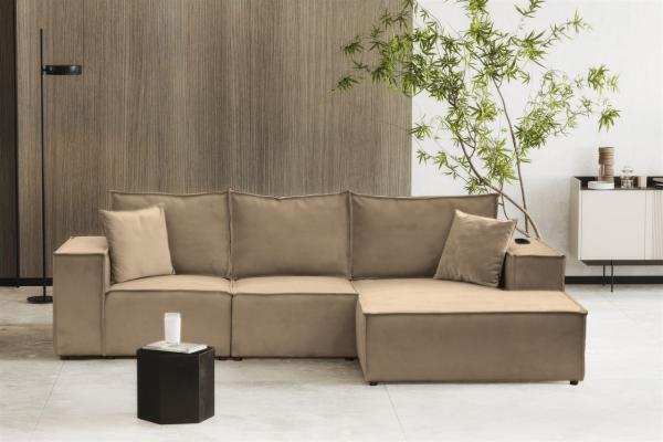 Ecksofa Sofa ALVARO inkl. QI Ladegerät Stoff Opera Velvet Sand Ottomane Rechts