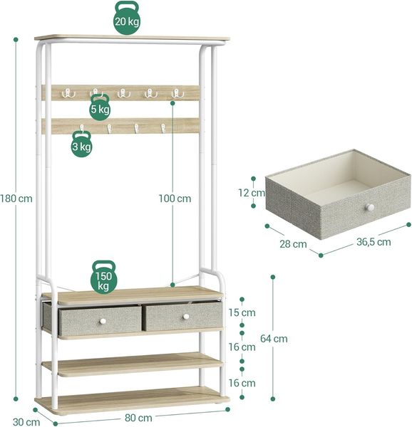 Garderobenständer, Garderobe mit Schuhregal, 2 Schubladen aus Stoff, 9 Haken, Freistehender Kleiderständer für Flur, Eingang, Schlafzimmer, 30 x 80 x 180 cm, Eichenfarben-Weiß Bild 7
