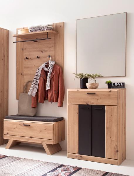 Garderobe Carvin 32 Balkeneiche Cosmos grey 4-teilig Garderobenset mit Sitzkissen