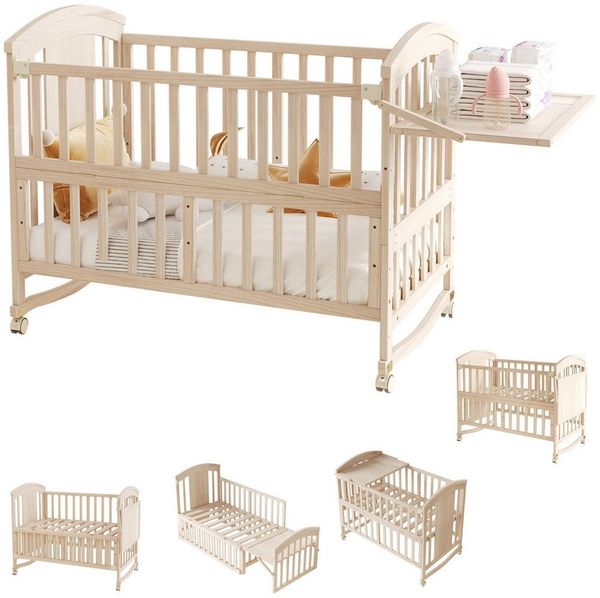 OKWISH Babybett 120 x 60 x 95 cm in Naturholzfarbe mit klappbarem Ablagerack, 1-tlg, Verlängerbar um 40cm, als Nebenbett nutzbar,mit Wickeltisch