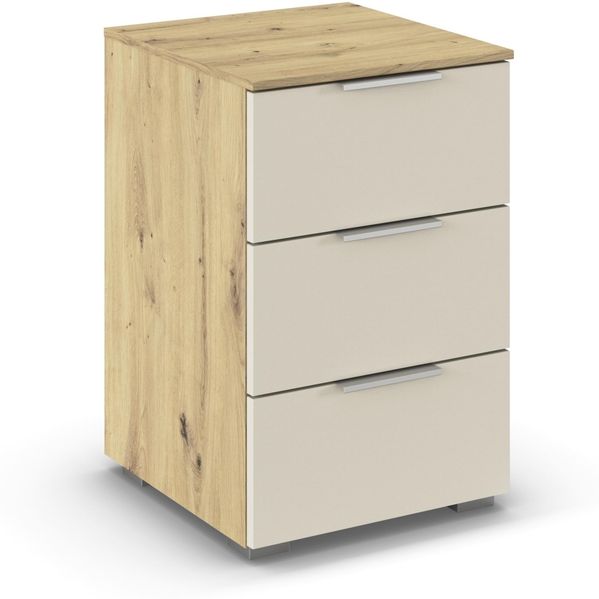 Rauch Möbel Alabama, Nachttisch für Schlafzimmer, Kinderzimmer, Gästezimmer, mit 3 Schubladen, Soft-Close-Funktion, Farbe Beige/Eiche Artisan, Holz, Griff Alufarben, Maße 40 x 61 x 42 cm