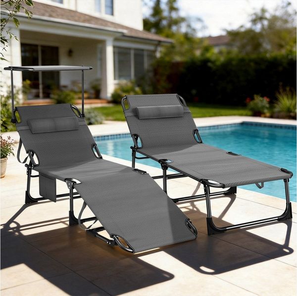 Huracan Gartenliege Sonnenliege mit Dach, Gartenliege mit Kopfkissen&Seitentasche, 2 St, Sonnenliege klappbar für Strand, Extra Breiter Liegefläche, Verstellbare Rückenlehne & Sonnenschutz