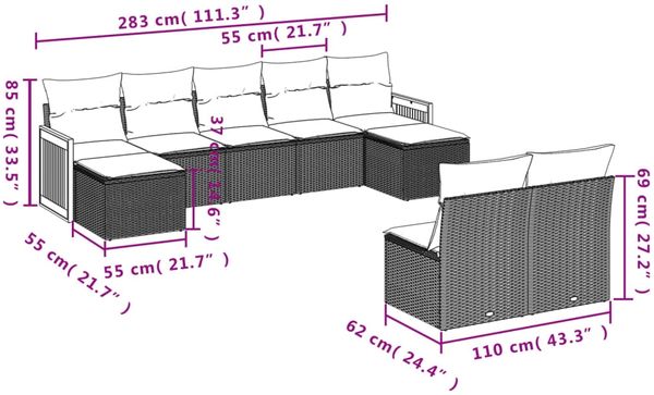 vidaXL 9-teiliges Gartensofa-Set mit Kissen, grau, Polyrattan 3228056 Bild 7