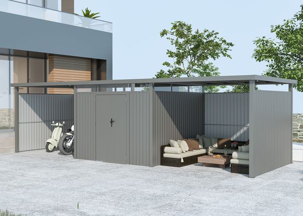 Metall Gerätehaus Style 7,56 m² Spar-Set-4 Alu Grau
