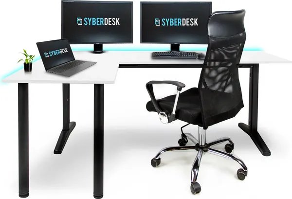 SyberDesk Gaming Eckschreibtisch V2 LED, 197 x 132 cm, RGB Gaming Tisch L-Form, USB-HUB, Kabelmanagement, L-förmiger Computertisch, (links, Weiß)