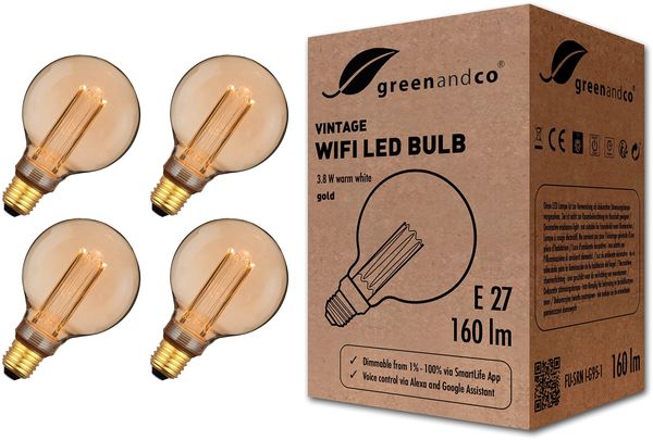 greenandco 4x Smart WiFi Vintage Design LED Lampe | E27 G95 | 3,8W 160lm | 1800K | 320° | 230V | flimmerfrei | dimmbar | kompatibel mit Alexa und Google Assistant | WLAN (ohne Hub)