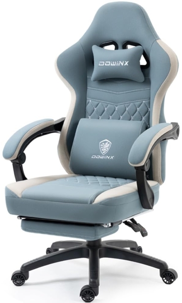 Dowinx Gaming Stuhl Stoff mit Taschenfederkissen, Massage Gaming Sessel mit Fußstütze, Ergonomischer PC Stuhl Gamer Stuhl Bürostuhl 150 kg belastbarkeit, Blau