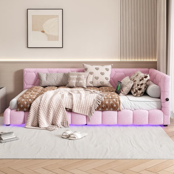 Daybett, Tagesbett, Schlafsofa, Bett mit Lattenrost (ohne Matratze), 16 Farben Umgebungslicht, USB-Anschluss, Typ-C, Bequemes Material, Vliesimitat, Rosa, 90 x 200cm Bild 5