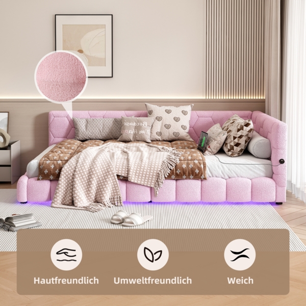 Daybett, Tagesbett, Schlafsofa, Bett mit Lattenrost (ohne Matratze), 16 Farben Umgebungslicht, USB-Anschluss, Typ-C, Bequemes Material, Vliesimitat, Rosa, 90 x 200cm Bild 3