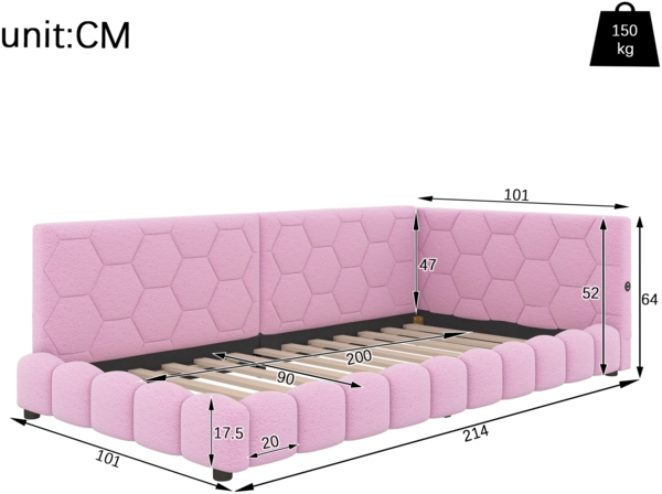 Daybett, Tagesbett, Schlafsofa, Bett mit Lattenrost (ohne Matratze), 16 Farben Umgebungslicht, USB-Anschluss, Typ-C, Bequemes Material, Vliesimitat, Rosa, 90 x 200cm Bild 9