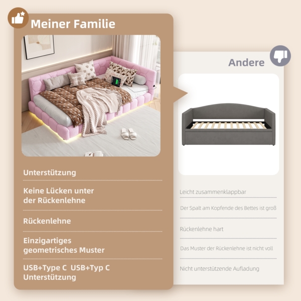 Daybett, Tagesbett, Schlafsofa, Bett mit Lattenrost (ohne Matratze), 16 Farben Umgebungslicht, USB-Anschluss, Typ-C, Bequemes Material, Vliesimitat, Rosa, 90 x 200cm Bild 4