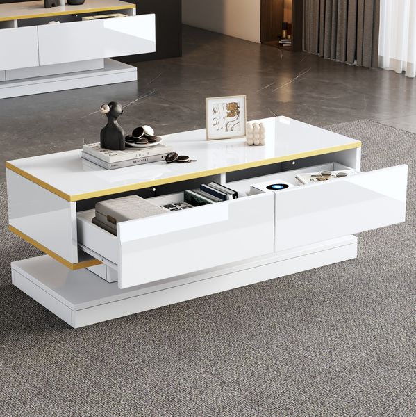 Couchtisch 100 x 50 x 38 cm mit 2 Schubladen – Hochglanz in Warmweiß mit Goldrand
