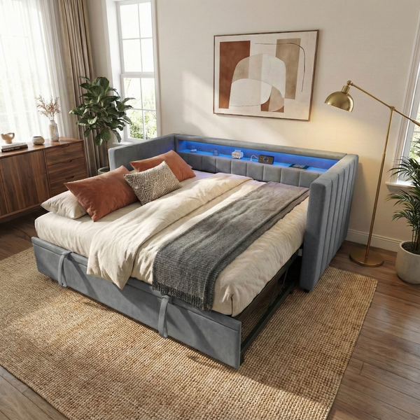 LVHOM Daybett 90x190cm, Schlafsofa mit Ausziehbett, Sofabett mit LED-Beleuchtung, USB-C-Anschluss und Ablagefächern, Einzelbett aus Samtstoff, Kinderbett, Grau