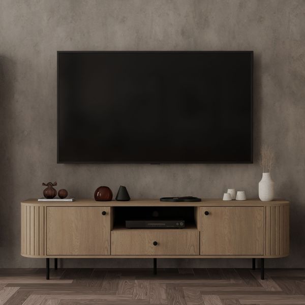 Ovalio TV-Board Typ 321 Lowboard 180 cm TV-Schrank Wohnzimmer Esszimmer Anrichte Modern Farbwahl Sandbeige, Cremona-Eiche und Dunin-Eiche