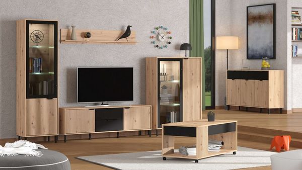 Home affaire Wohnzimmer-Set Mayenne, inkl. Vitrine H195cm, Highboard H137,5cm, TV-Board, Wandregal, (Komplett-Set, 4-St), Es besteht die Möglichkeit, Beleuchtung hinzuzufügen. Breite 304,5 cm