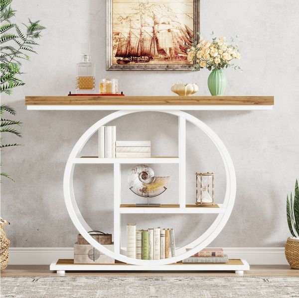 Tribesigns Konsolentisch industrieller Sofatisch mit 4 Ablageflächen für Wohnzimmer 105x30x80cm (1 x Vintage Konsolentisch - 1 x Zubehörbeutel - 1 x Anleitung), Metallgestell, schmaler Flurtisch