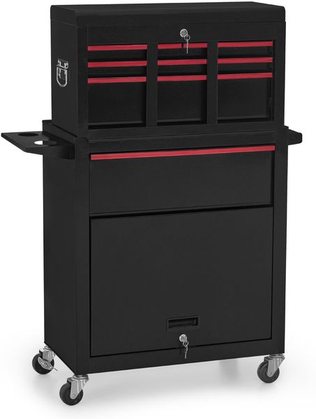 BarberPub 2 in 1 Friseurwagen mit 5 Schubladen, Schrank & 6 Haken, Bedienungswagen mit Rollen, Friseur Arbeitswagen Abschließbar, Beauty Salon Trolley Metall, 0097,Schwarz-Rot