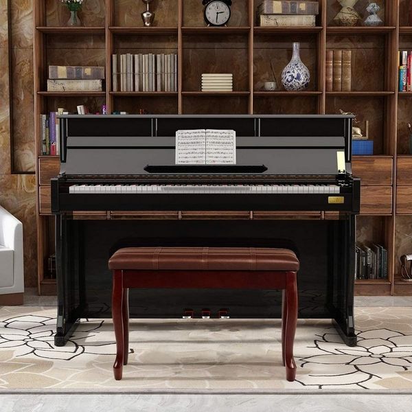COSTWAY Klavierbank mit Notenfach, Klavierhocker aus Massivhoz, Pianobank gepolstert, Piano-Sitzbank braun, Keyboardbank 75 x 35 x 49 cm