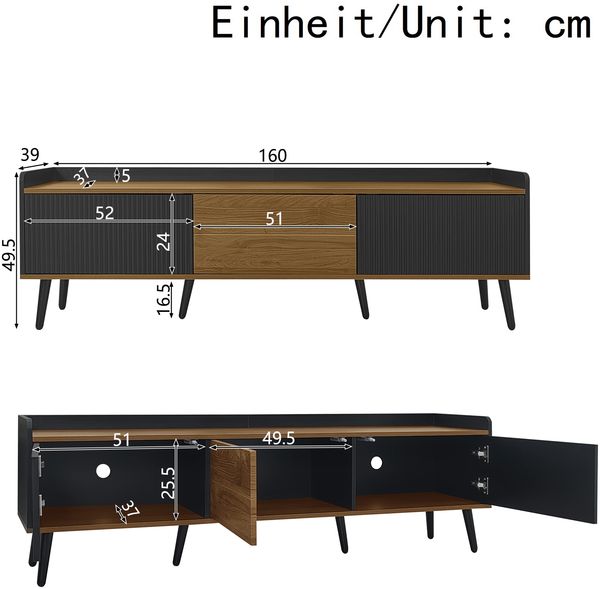 TV-Schrank 160 x 39 x 49,5 cm mit 3 Türen, MDF und Spanplatte in Schwarz/Natur Bild 5