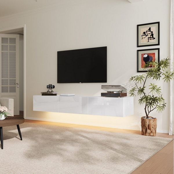 FUFU&GAGA Lowboard TV-Board 160cm, LED-Beleuchtung, Hochglanz Weiß, Modern