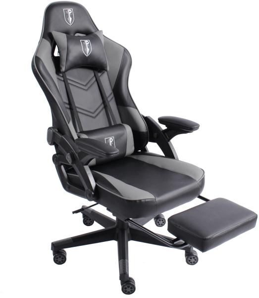 B-WARE Gaming Stuhl im modernen Racing-Design mit ausziehbarer Fußstütze Gaming Chair mit verstellbaren Design Armlehnen ergonomischer Schreibtischstuhl mit extra Stützkissen Schwarz/Grau