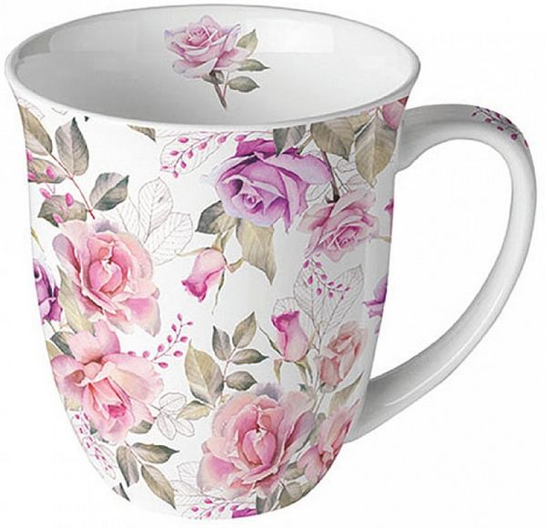 Ambiente Luxury Paper Products Tasse, Keramik, Tasse 10cm Porzellan mit Vintage Rosen Motiv Rosa / Weiß