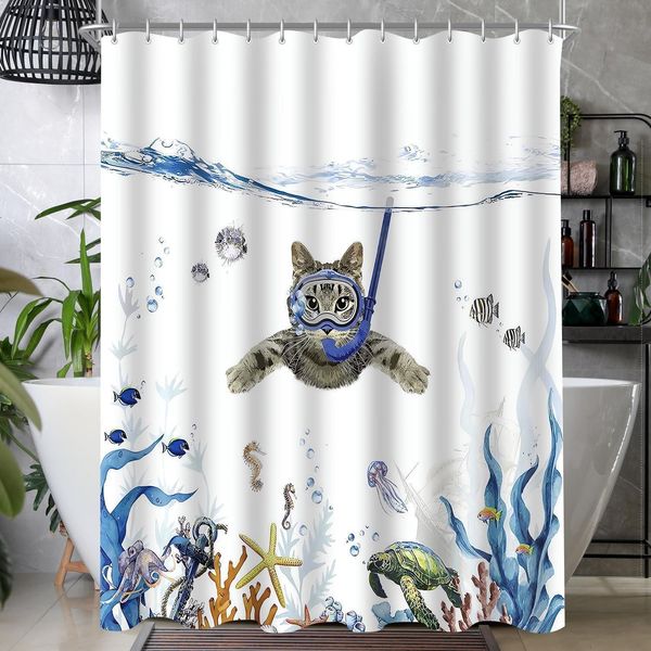Duschvorhang 100x200cm Katzenschwimme Textil Antischimmel Saum Polyester Blau