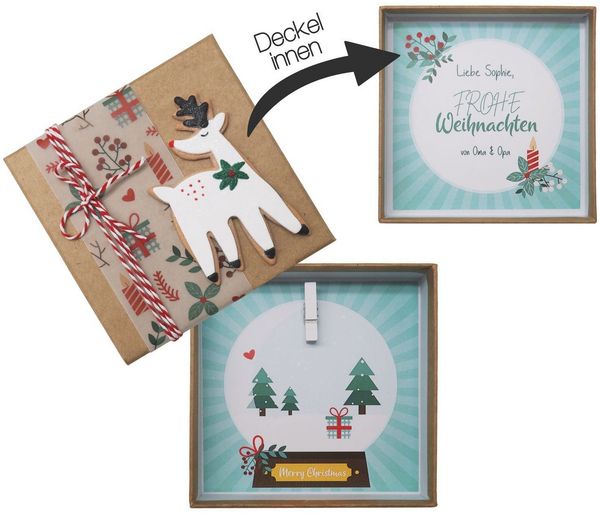 ZauberDeko Geschenkbox Geldgeschenk Weihnacht MIT NAME Natur Rentier Mistelzweig Schneekugel